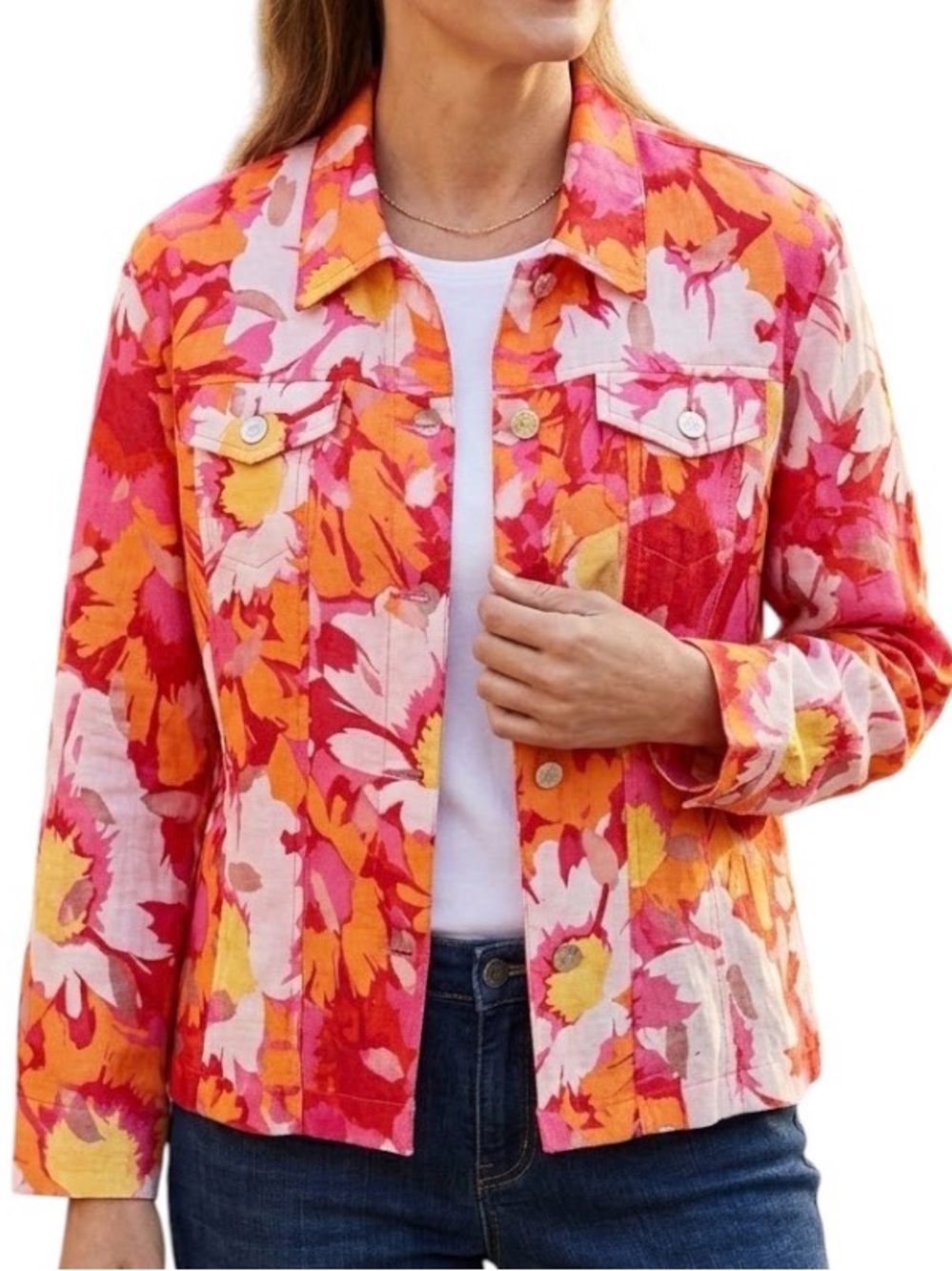 Ruby Rd Favorites Floral Burnout Sheer Button Down Blouse Pink Orange 16